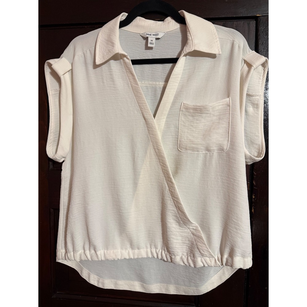 Nine West Womens Ivory Surplice Wrap Front Short Sleeve Blouse Top Cream Medium
